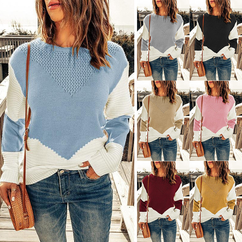 Crew Neck Contrast Pullover Sweater