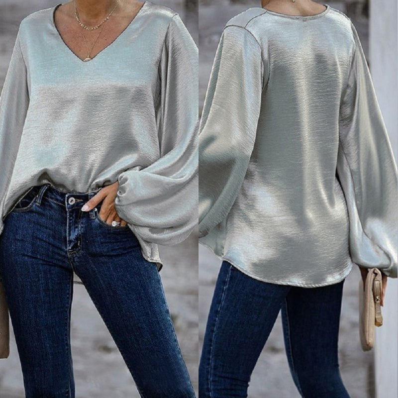 V-Neck Satin Long Sleeve Shirt