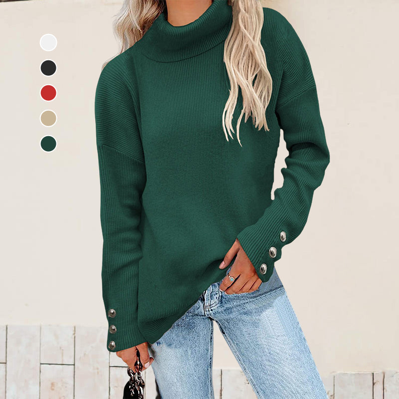 Turtleneck Knit Button Solid Sweater