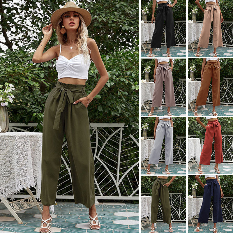 High Waist Solid Color Casual Wide Leg Pants