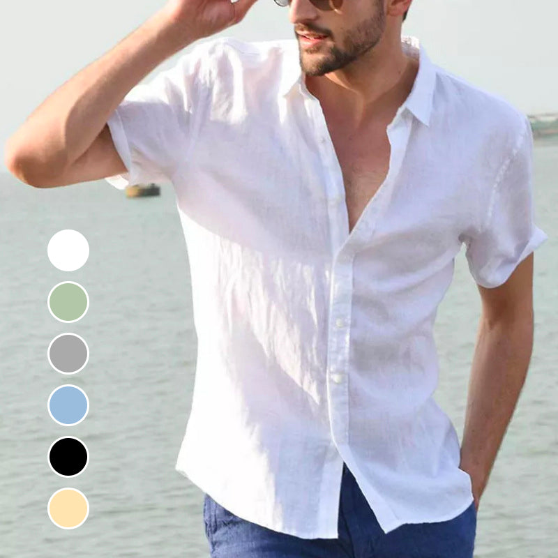Linen Lapel Solid Color Short Sleeve Shirt