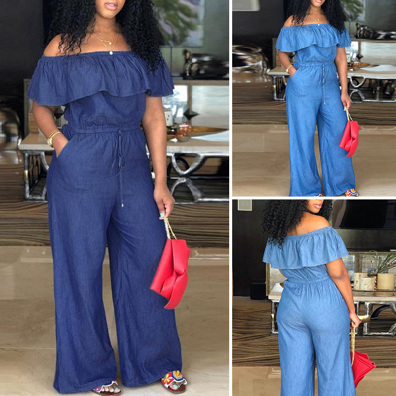 Foldover Ruffle Trim Drawstring Denim Jumpsuit