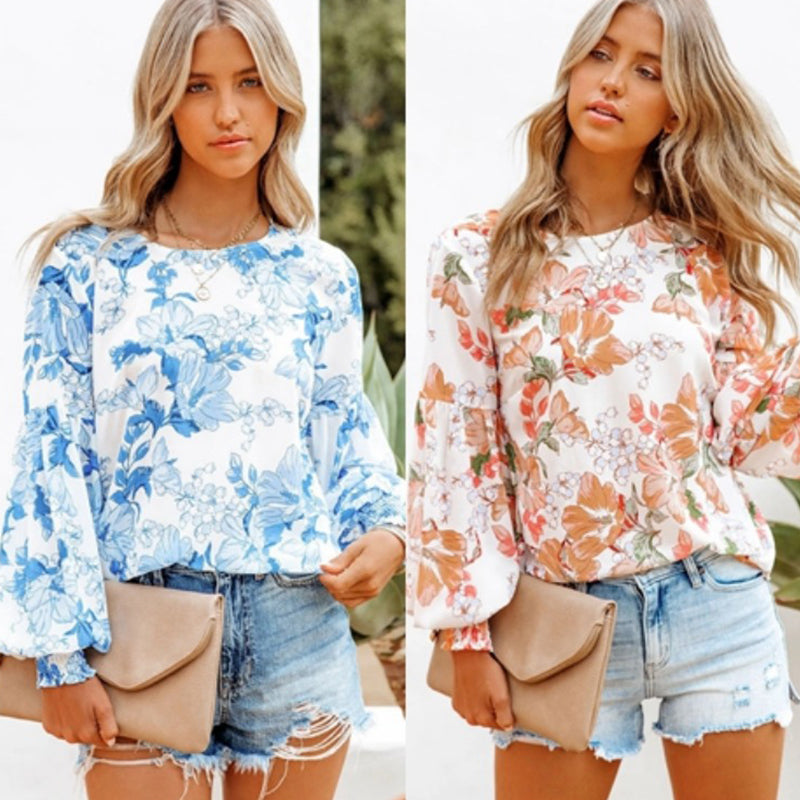 Fashion Print Balloon Sleeve Long Sleeve Top