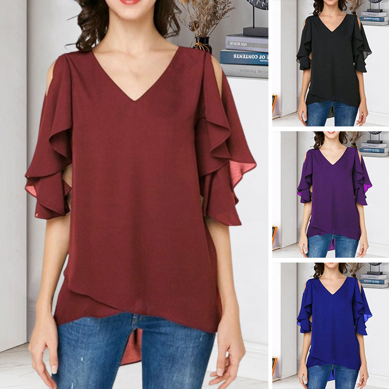 Women's Leaky Shoulder Lotus Leaf Sleeves Chiffon Top