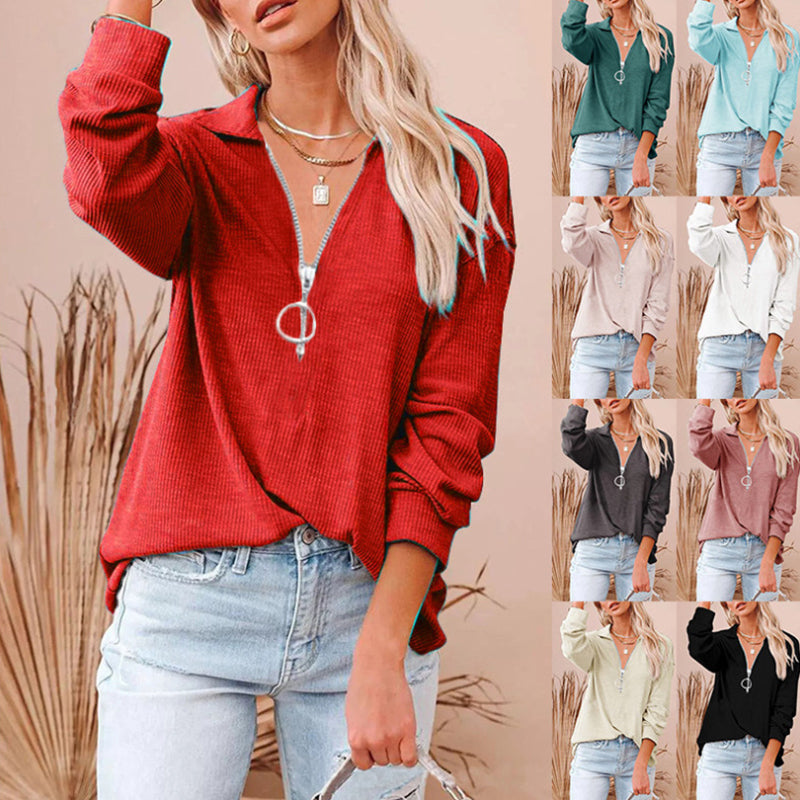 Women's Lapel Casual Zip Long Sleeve Top T-Shirt