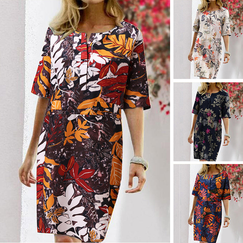 Floral Print Split O-neck Half Sleeve Casual Cotton Dress