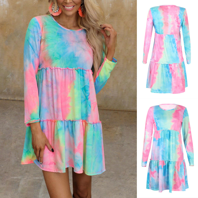 Tie-dye Printed Long-sleeve Panelled Dress