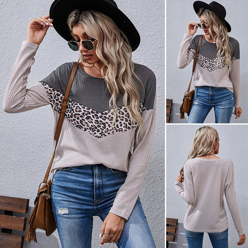 Women's Autumn Leopard Print Colorblock Knit Sweater