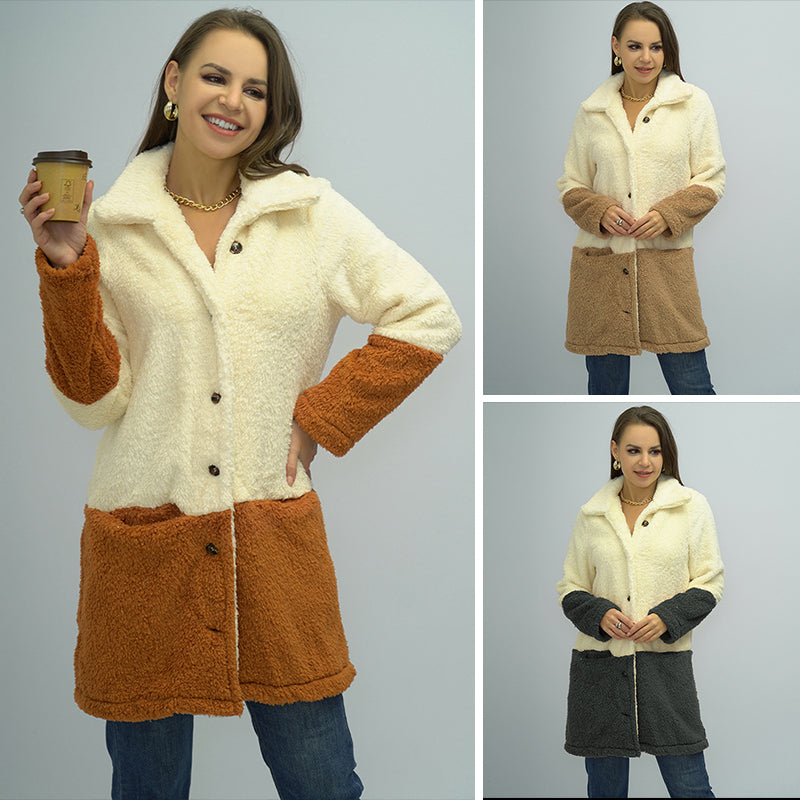 Ladies Colorblock Lapel Double Face Fleece Jacket