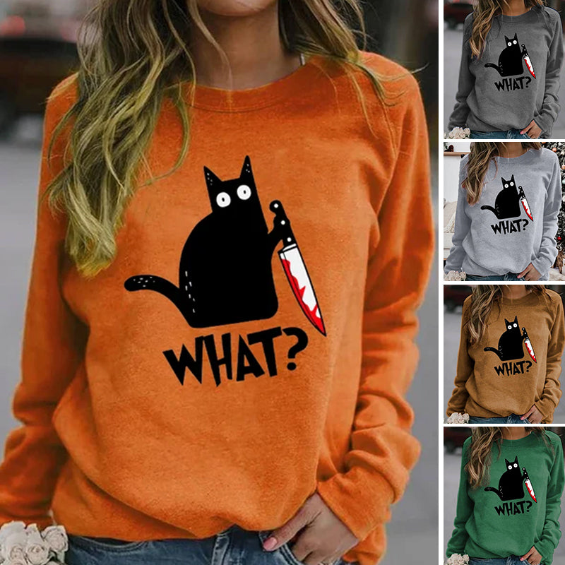 Halloween Fun Print Black Cat Sweatshirt