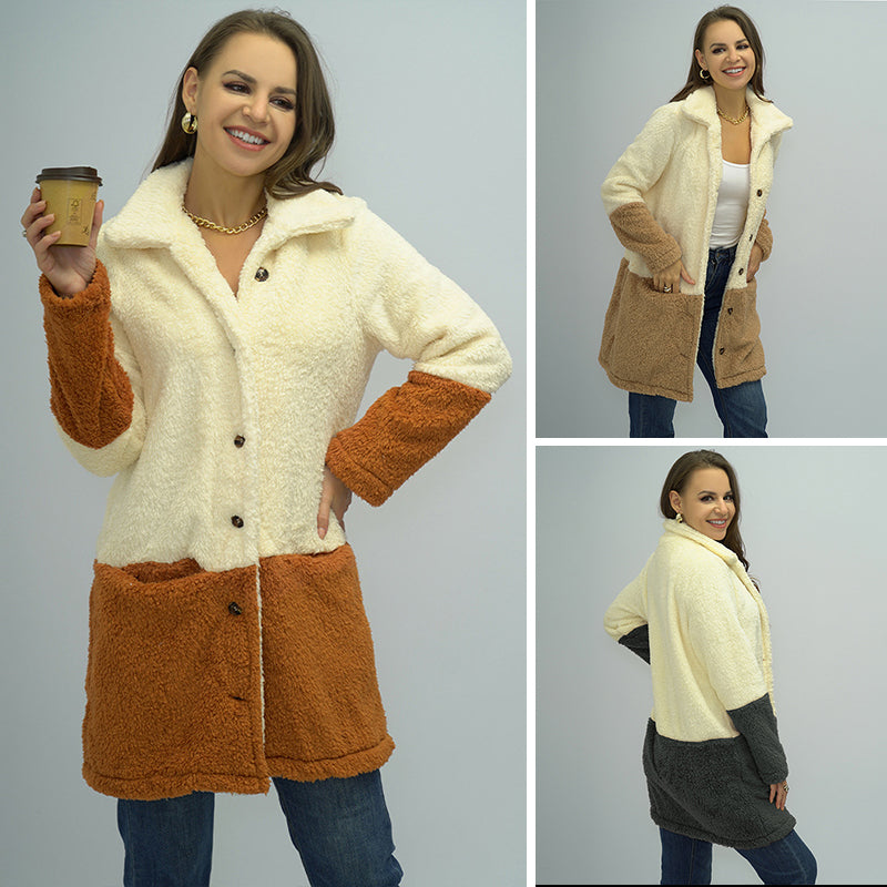Ladies Colorblock Lapel Double Face Fleece Jacket