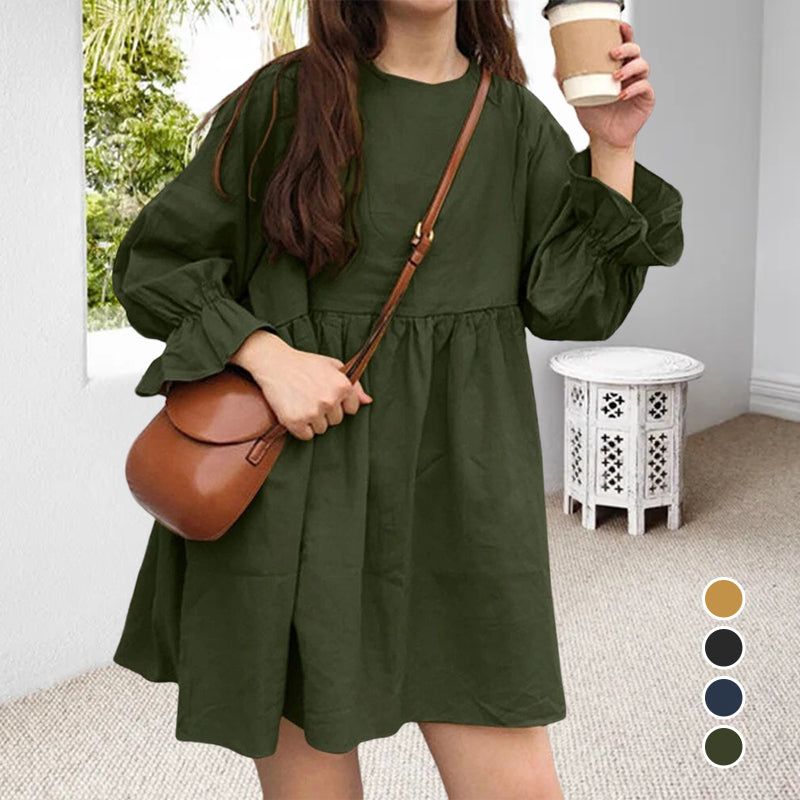 Long Sleeve Pleated Mini Cotton Linen Dress