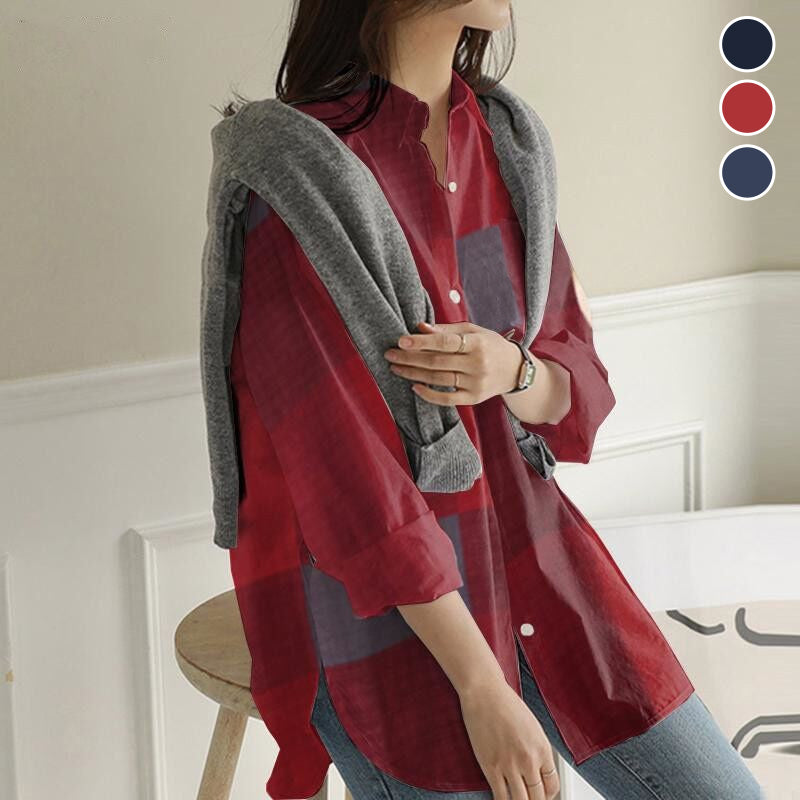 Patchwork Long Sleeve Plaid Irregular Shirt