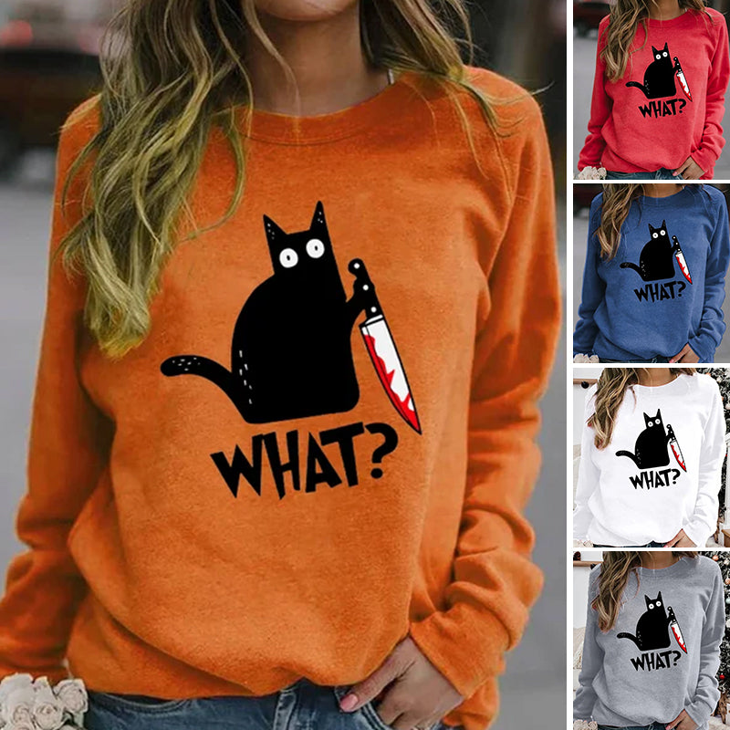 Halloween Fun Print Black Cat Sweatshirt