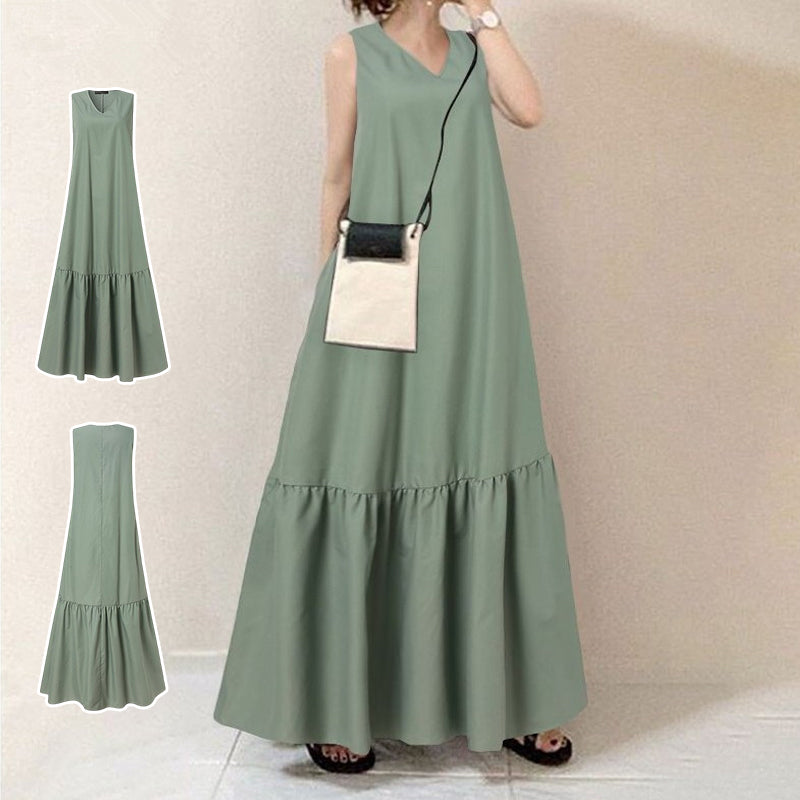 V-Neck Solid Color Sleeveless Pocket Long Dress