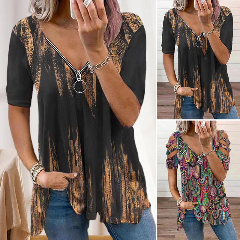 Zip V-neck Print T-shirt