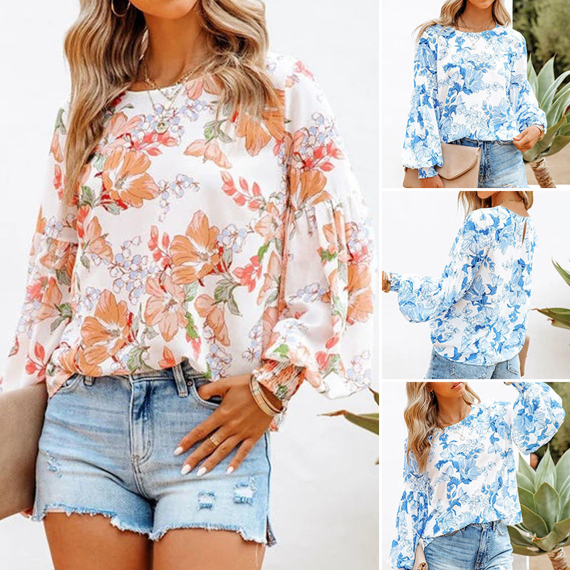 Fashion Print Balloon Sleeve Long Sleeve Top