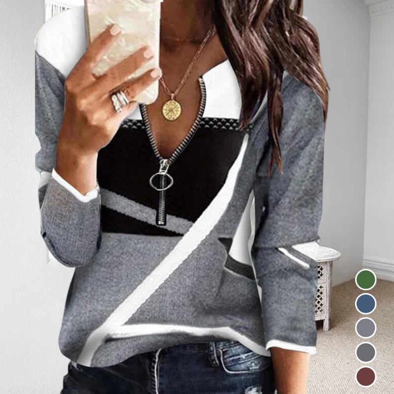 Women's Colorblock V-Neck Zip-Up Casual Sweatshirt