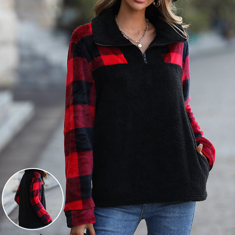 Women's Long Sleeve Top Plaid Quarter Zip Sweatshirt