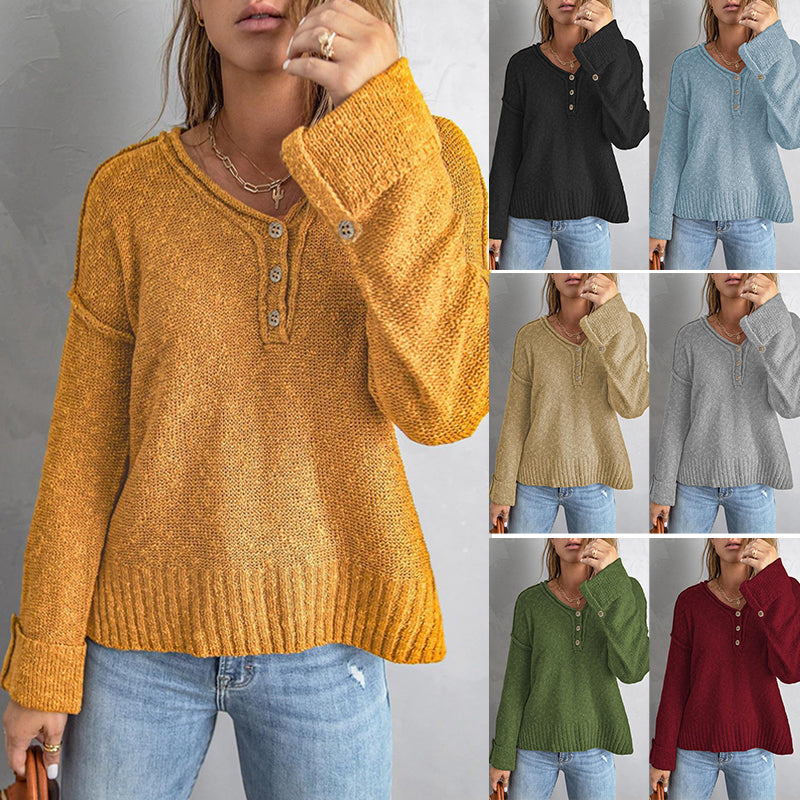 Button Knit Dropped Shoulder Sweater