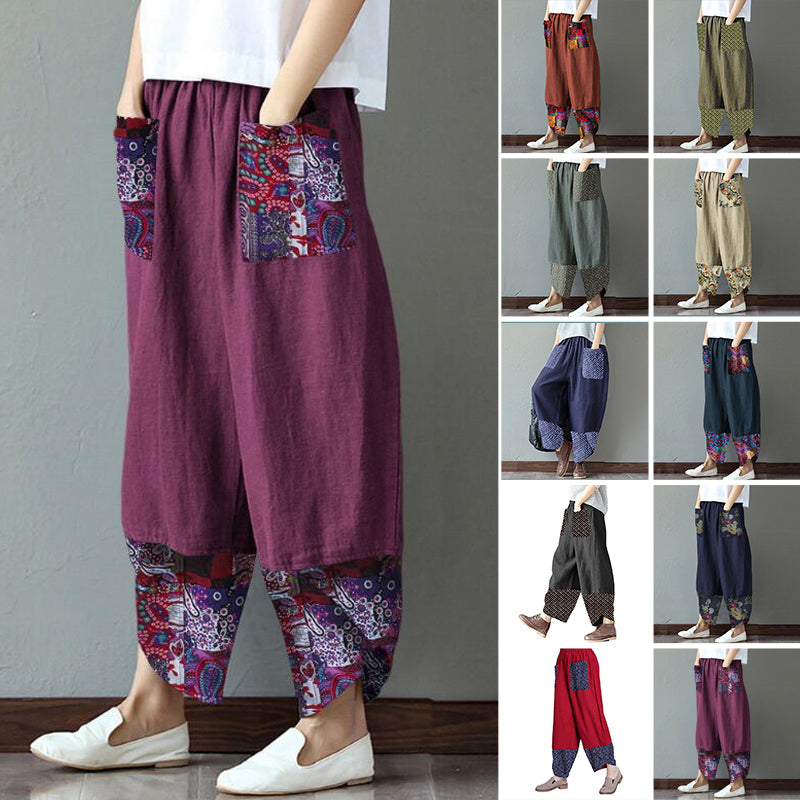 Printed cCtton and Linen Wide-leg Pants