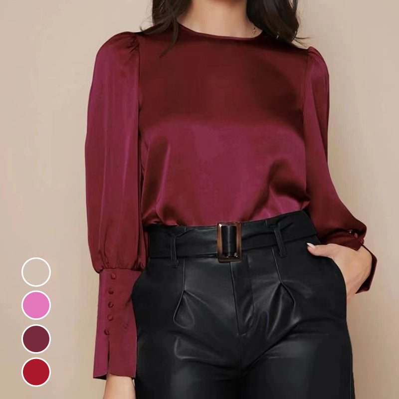 Crew Neck Button-Up Satin Shirt