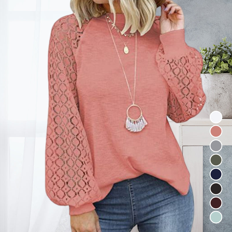 Round Neck Long Sleeve Lace Panel Loose T-Shirt