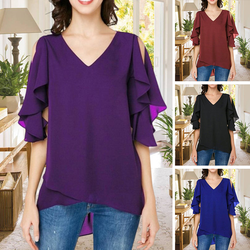 Women's Leaky Shoulder Lotus Leaf Sleeves Chiffon Top