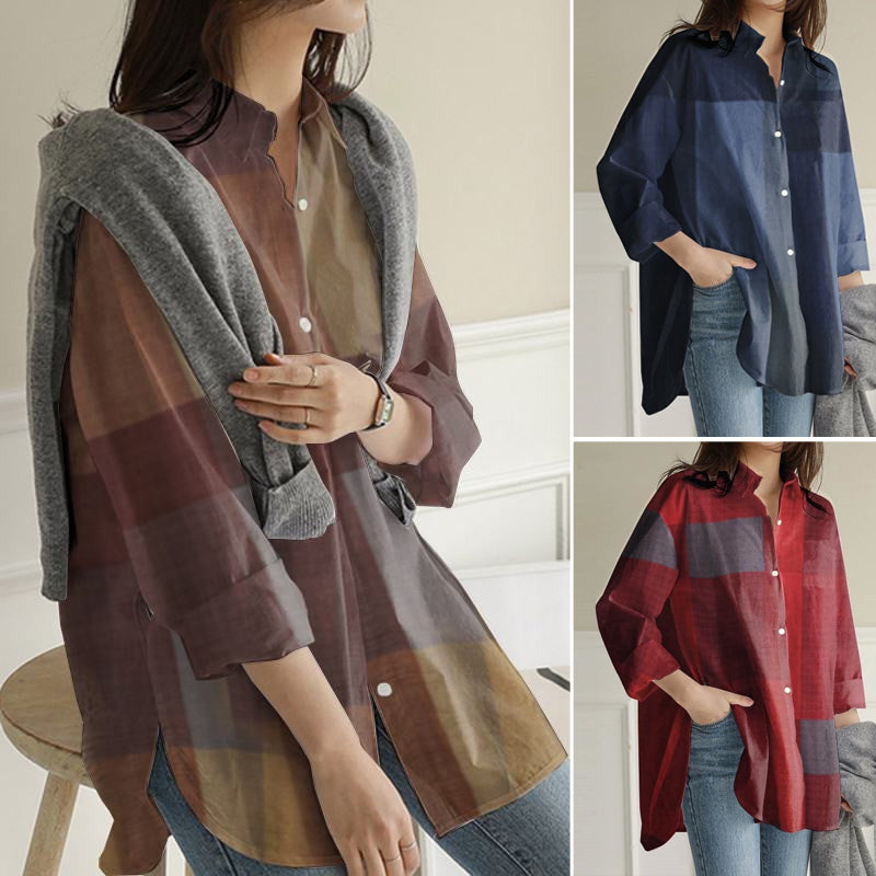 Patchwork Long Sleeve Plaid Irregular Shirt