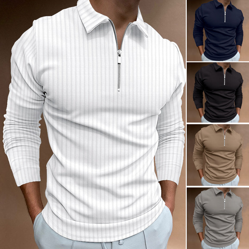 Polo Shirt Zipper Stripe Long Sleeve Men's Polo Shirt