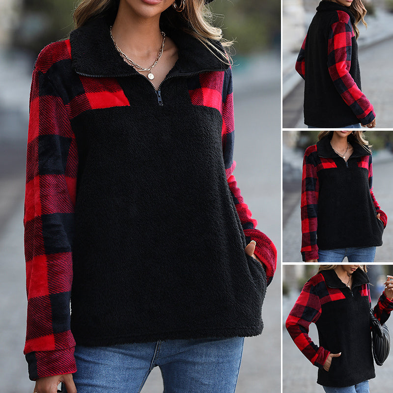 Women's Long Sleeve Top Plaid Quarter Zip Sweatshirt