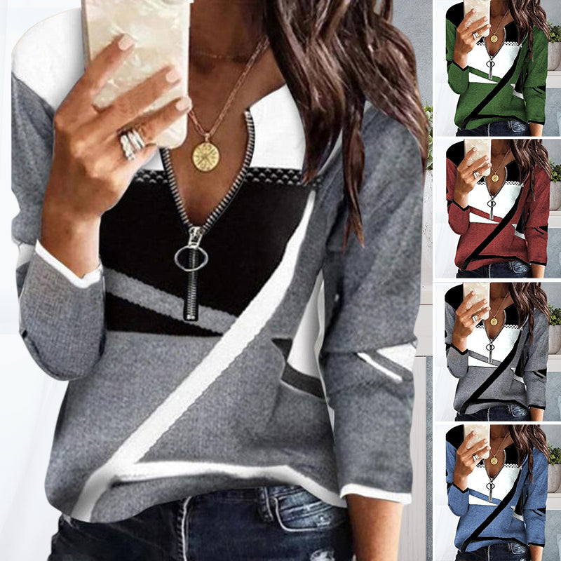 Women's Colorblock V-Neck Zip-Up Casual Sweatshirt