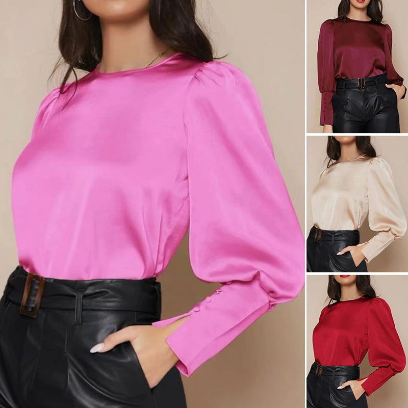 Crew Neck Button-Up Satin Shirt