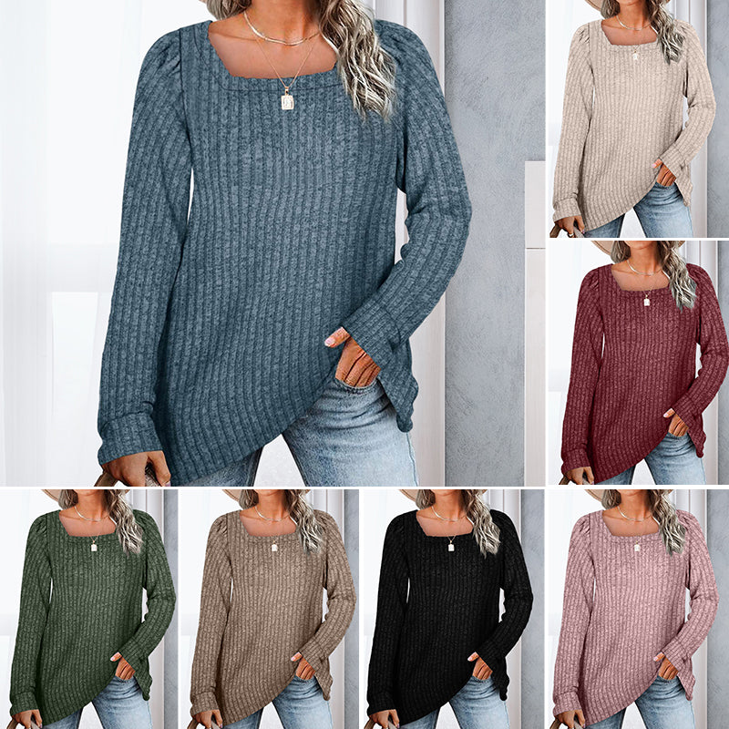 Square Neck Pit Strip Brushed Casual Sweater