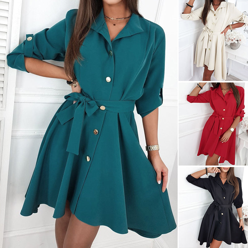 Solid Color Waist Button Belt Dress