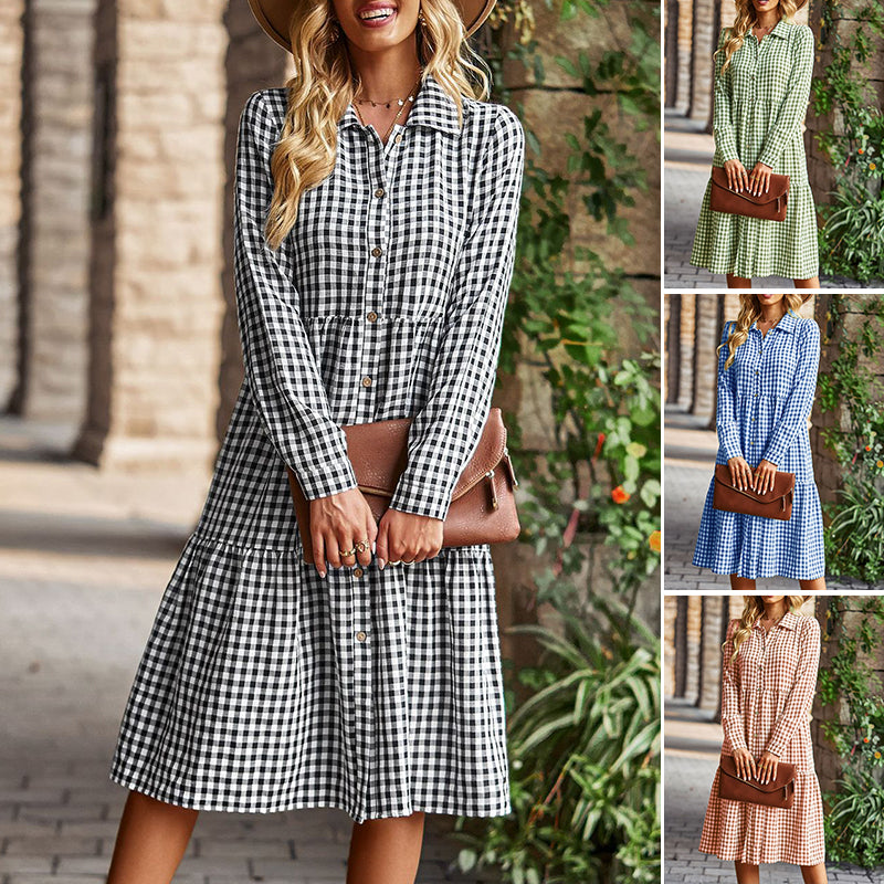 Check Swing Long Sleeve Dress