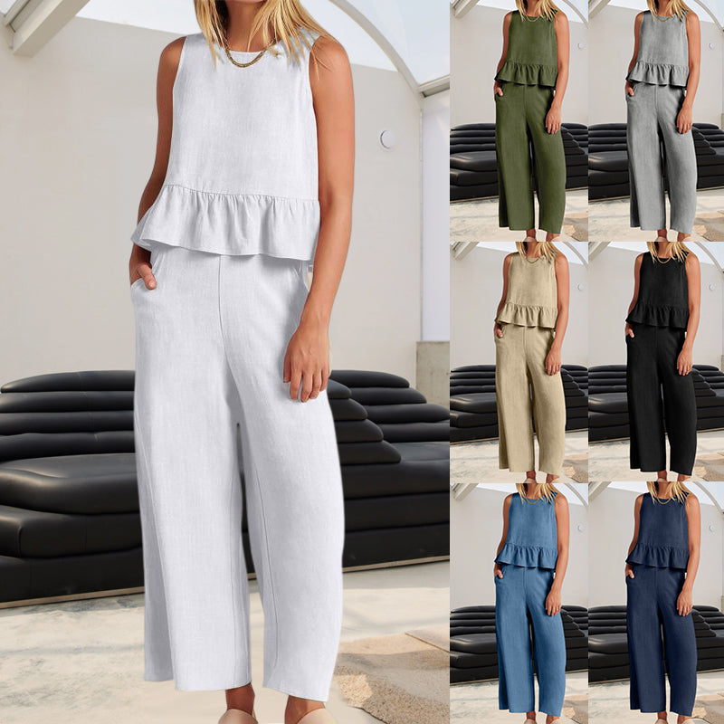 Women Sleeveless pleated tank top wide leg pants set