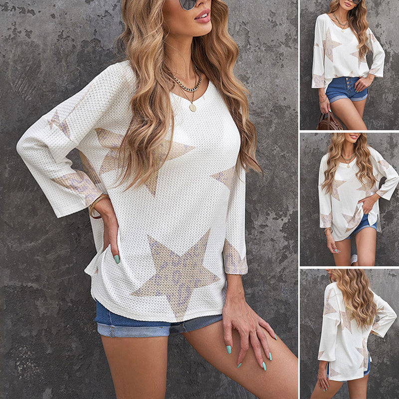 Star Print Long Sleeve Loose V-Neck Pullover T-Shirt