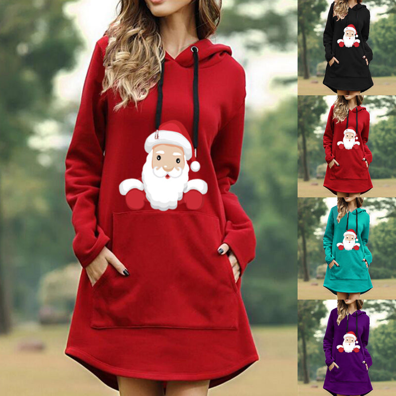 Christmas Print Hooded Long Sleeve Sweater Dress