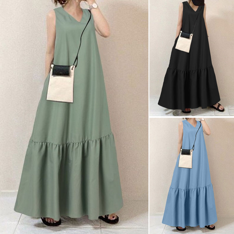 V-Neck Solid Color Sleeveless Pocket Long Dress