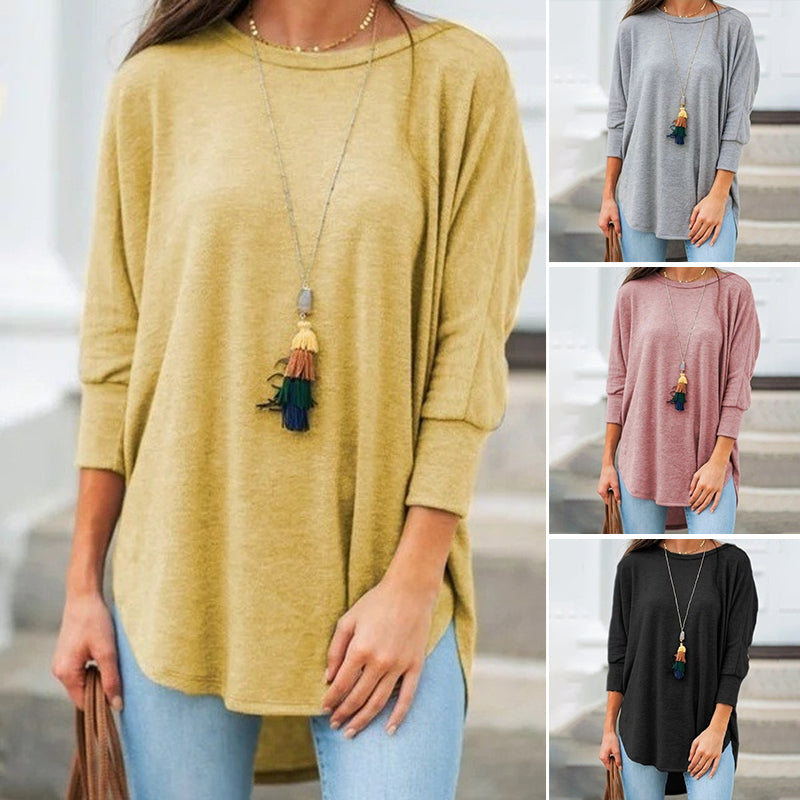 Loose Crew Neck Hem Irregular Solid Color T-Shirt