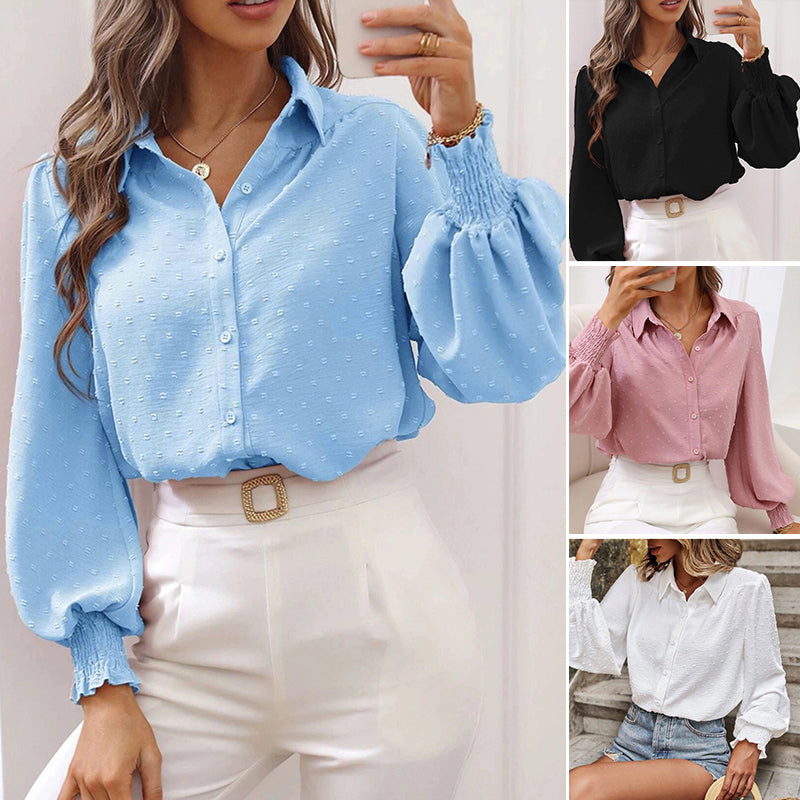 Lapel Balloon Sleeve Solid Shirt