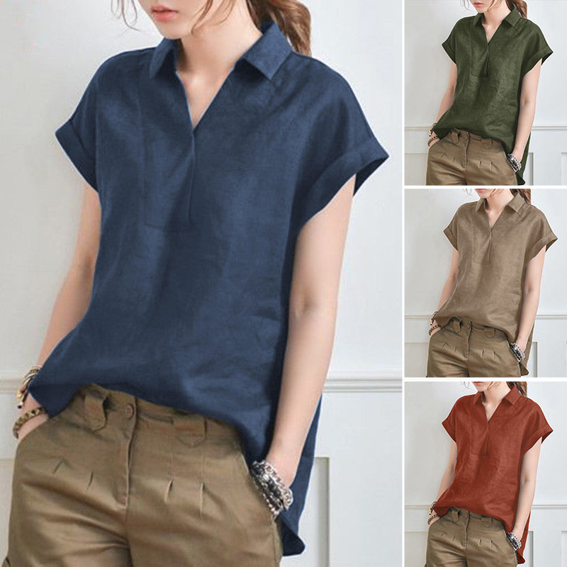 Elegant Loose V-neck Cotton Linen Short Sleeve Shirt
