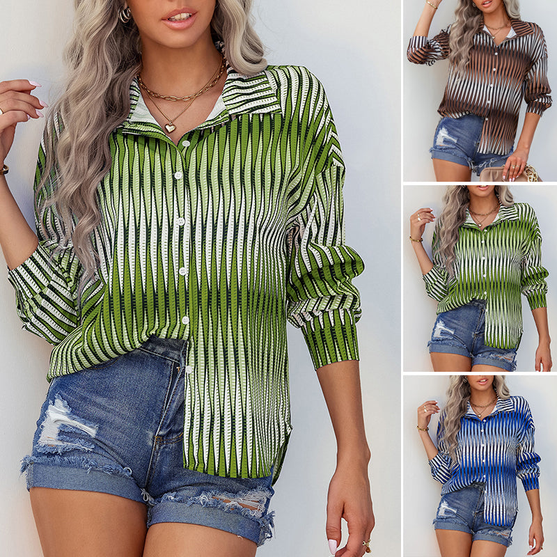 Lapel Long Sleeve Striped Shirt