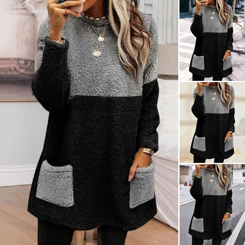 Round Neck Panels Pockets Long Sleeves Suede Sweatshirt