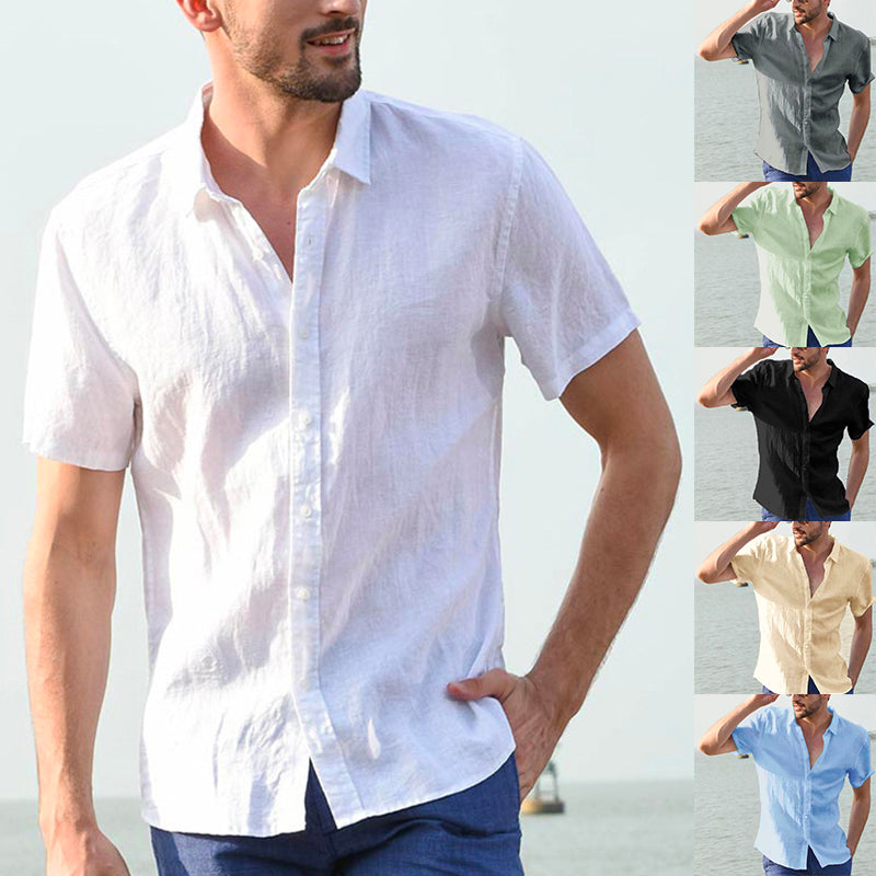 Linen Lapel Solid Color Short Sleeve Shirt
