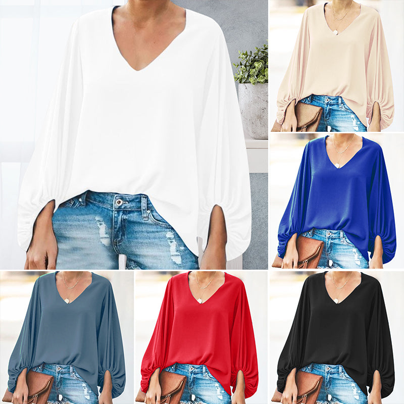 V-Neck Balloon Sleeve Loose T-Shirt