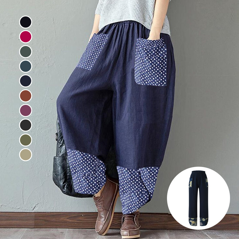 Printed cCtton and Linen Wide-leg Pants