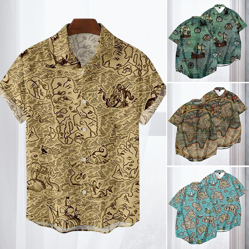 Men's Casual Vintage Map Printed Large Shirt