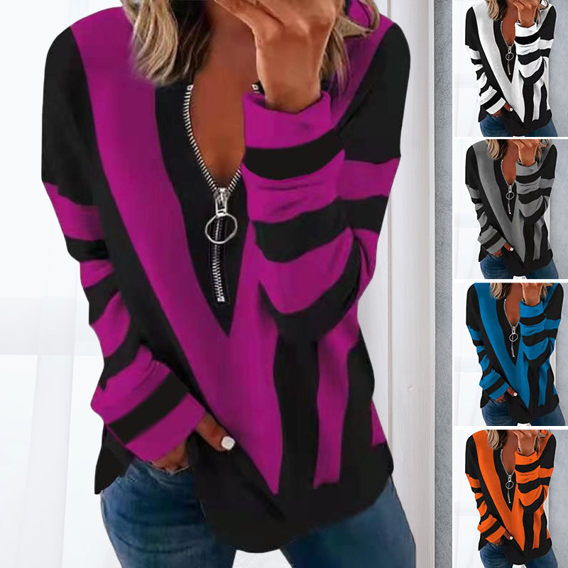 Zip V-neck Long Sleeve T-Shirt